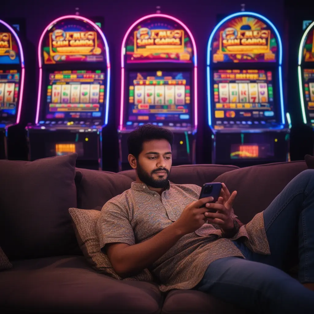 41BD App – A smooth and stylish mobile casino experience for players in Bangladesh Confident Bangladeshi man relaxing on a sofa while using the 41BD casino app with glowing slot machines and neon signs behind him