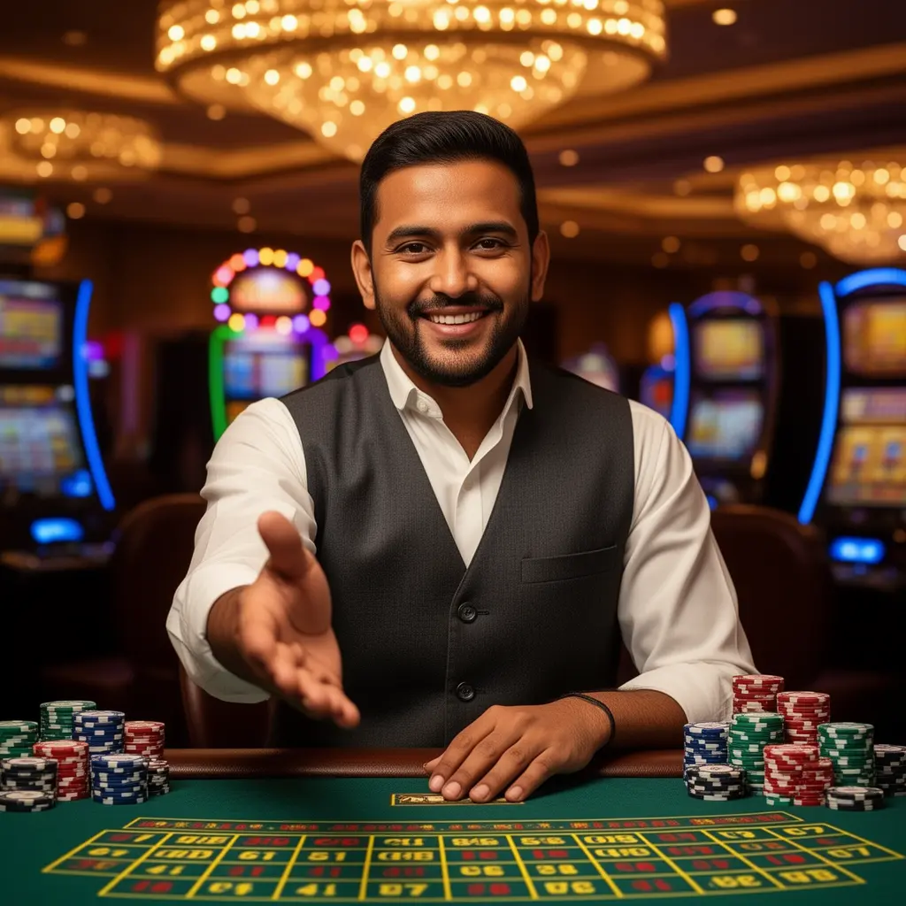 41BD Login – Secure and instant entry to your gaming account in Bangladesh Confident casino dealer extending his hand in a vibrant gaming environment with glowing chips and slot machines representing trusted access at 41BD for Bangladeshi users